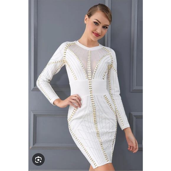 Chic Beading Bandage Long Sleeve Bodycon Party Mini Dress Size Large - Picture 11 of 12